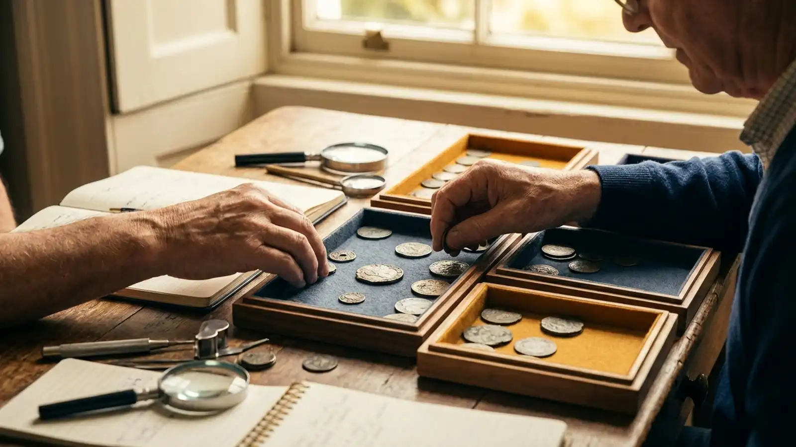 Hands organizing Gold IRA coins in felt-lined trays for liquidation