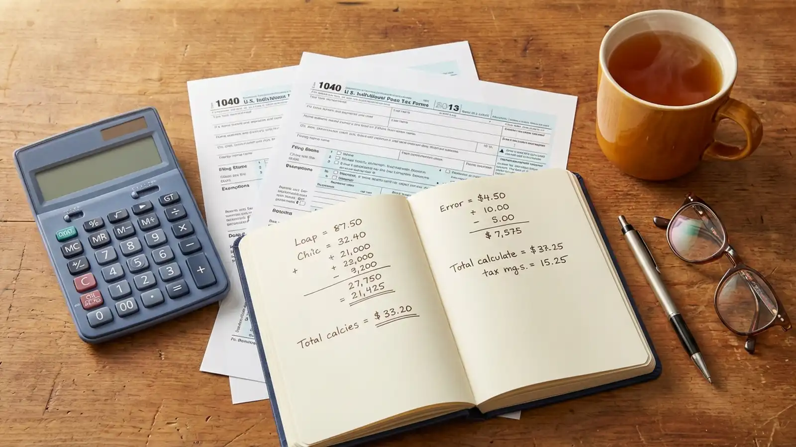 Top-down view of a desk with calculator, Gold IRA tax forms, and handwritten calculations