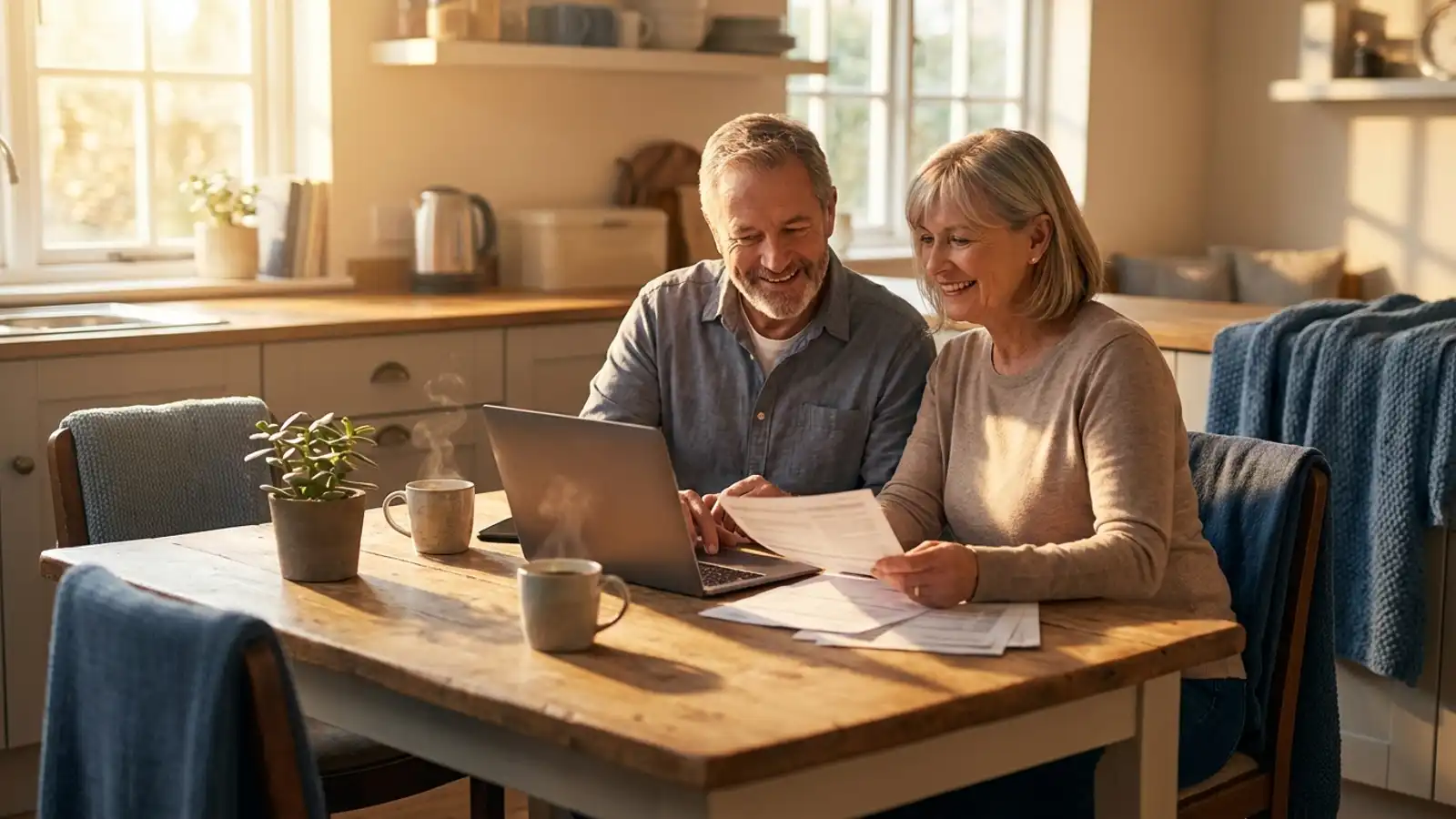 Couple in their late 50s reviewing Gold IRA planning documents together at their kitchen table