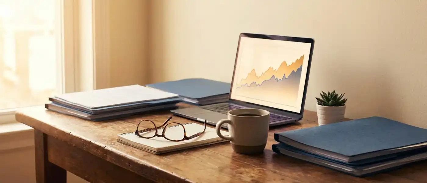 Gold IRA planning documents on a desk with laptop showing a chart, reading glasses and coffee