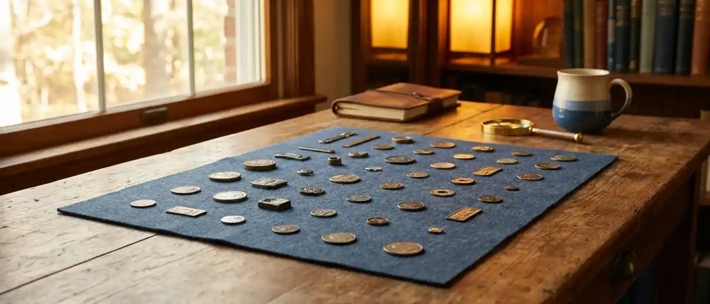 IRA-eligible precious metal samples arranged on felt cloth on wooden surface