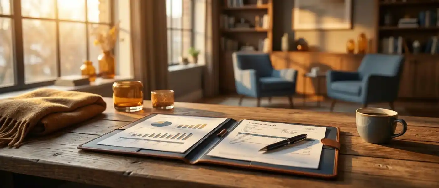 Gold IRA rollover documents in an open folder with a pen on a wooden desk