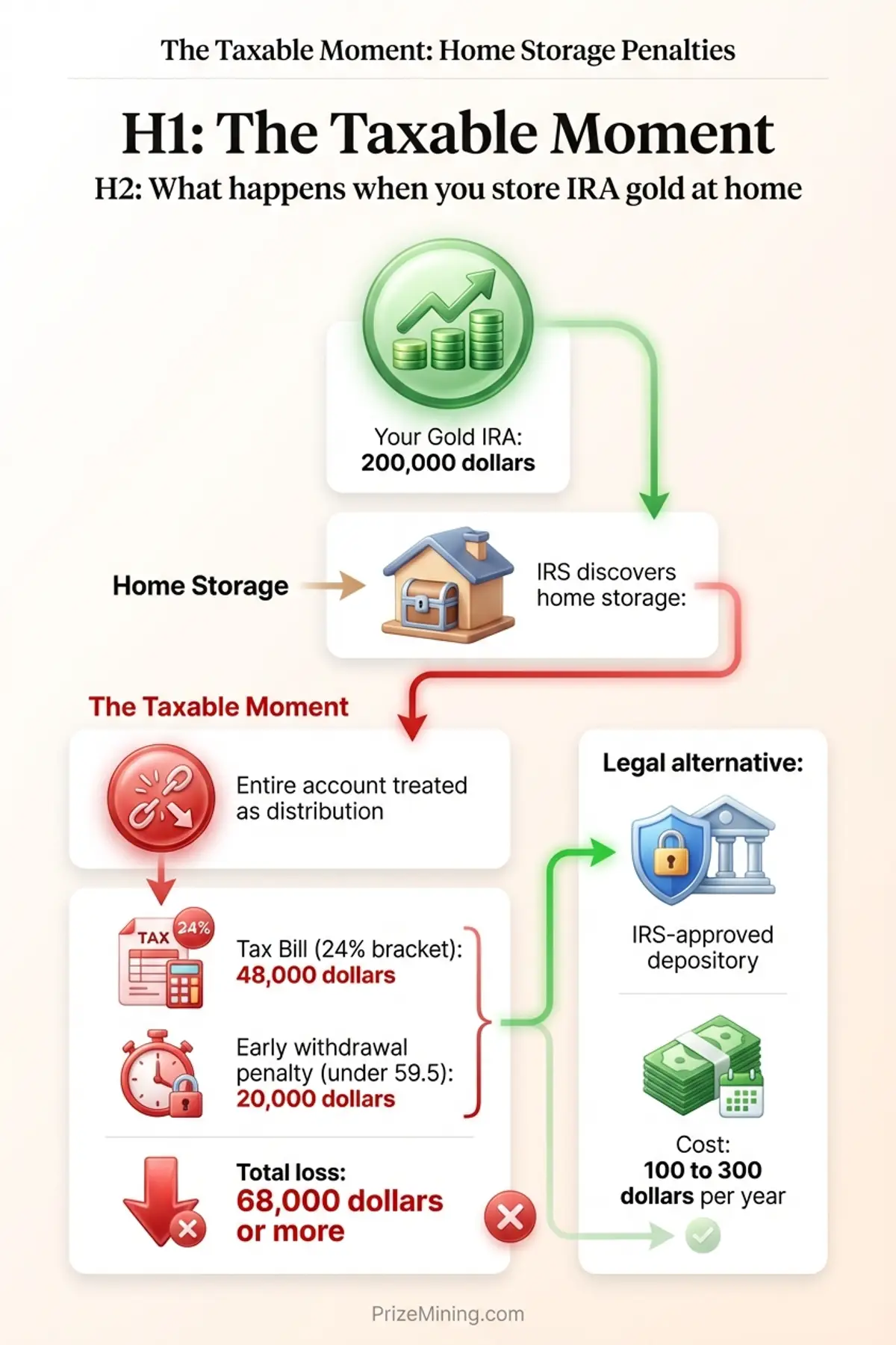 The Taxable Moment penalty calculation showing how home storage of Gold IRA metals triggers 68,000 dollars in taxes and penalties