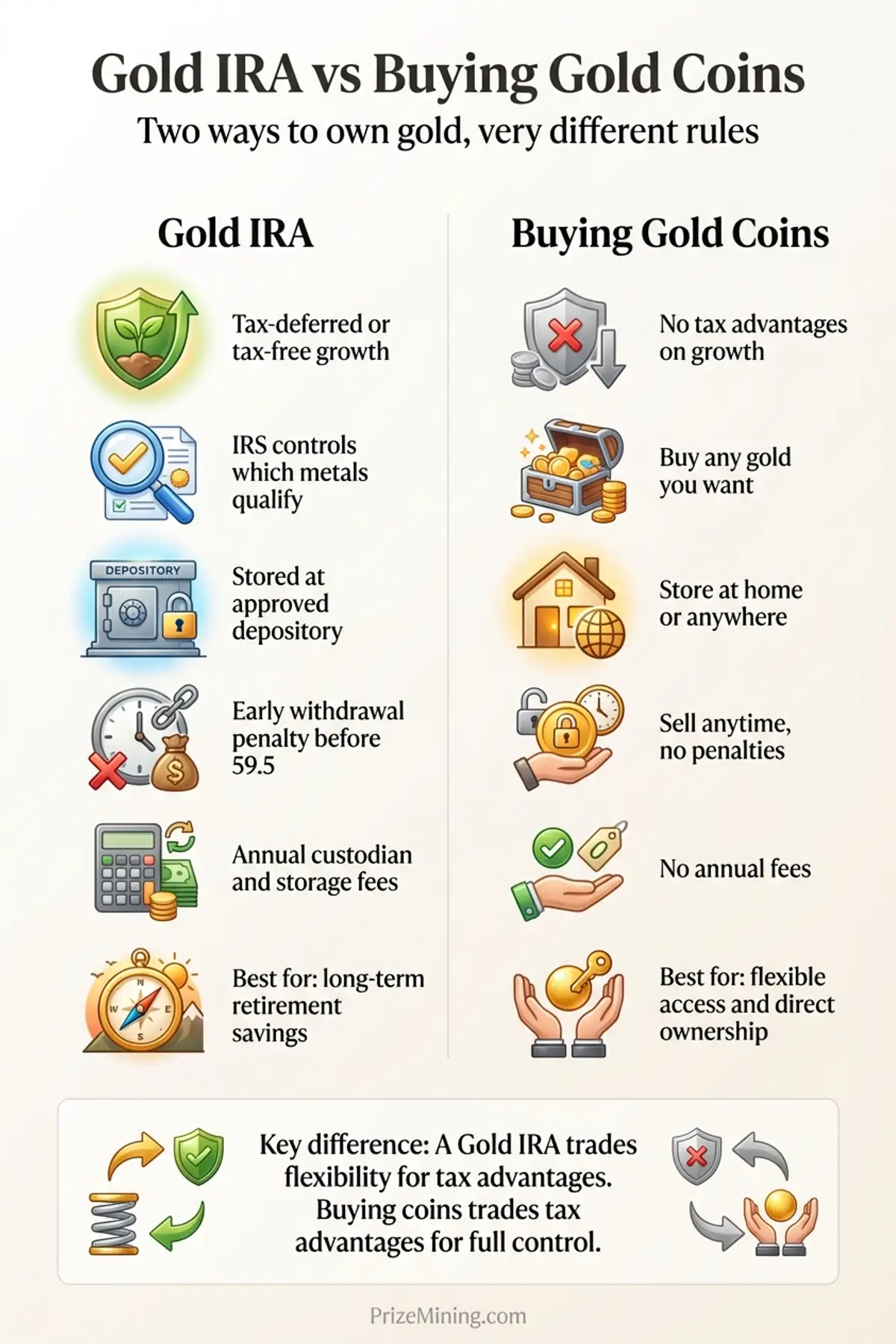 Side-by-side comparison of a Gold IRA versus buying gold coins directly, covering tax treatment, storage rules, fees, flexibility, and best-fit use cases