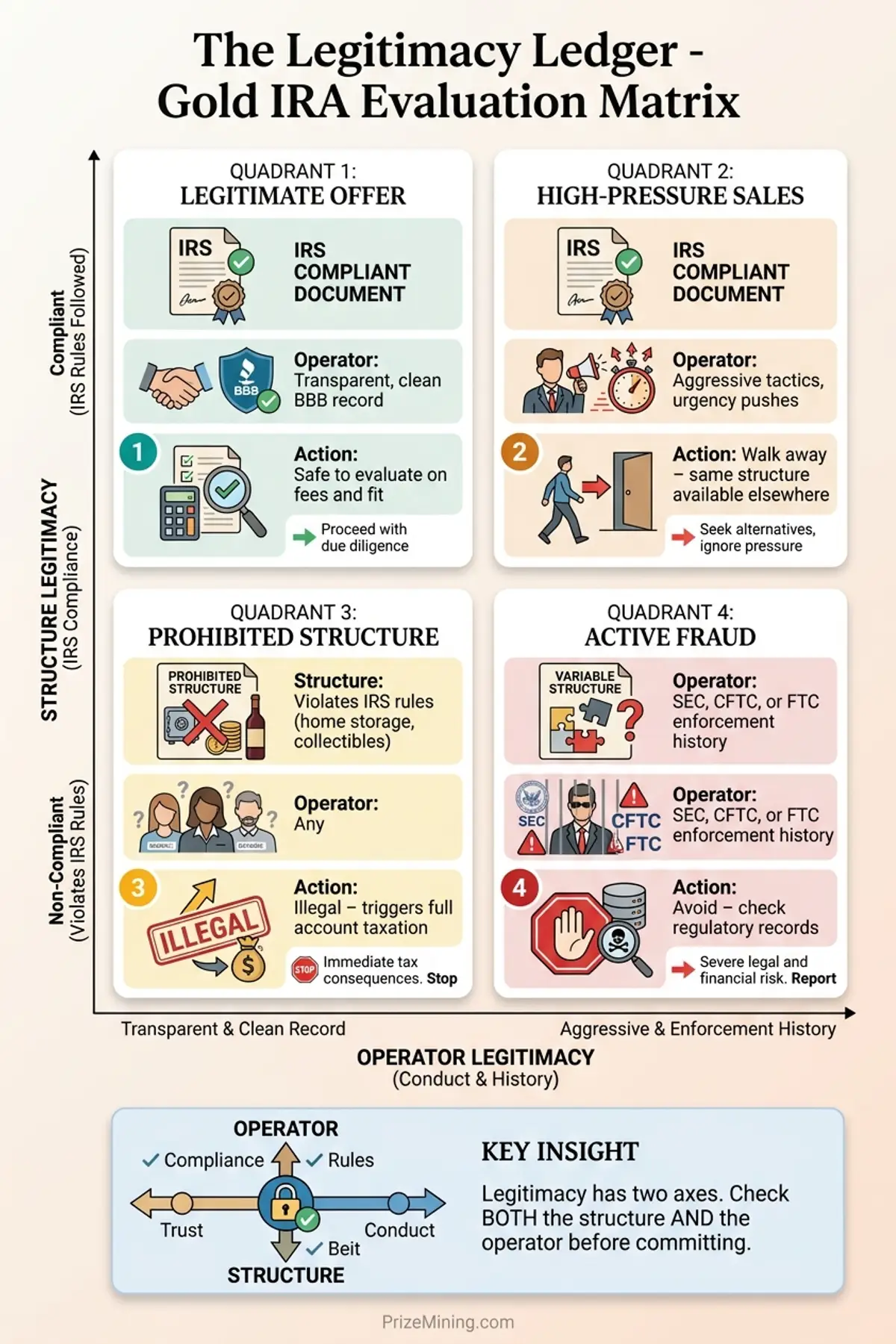 The Legitimacy Ledger infographic showing four quadrants for evaluating Gold IRA offers: legitimate, high-pressure sales, prohibited structure, and active fraud