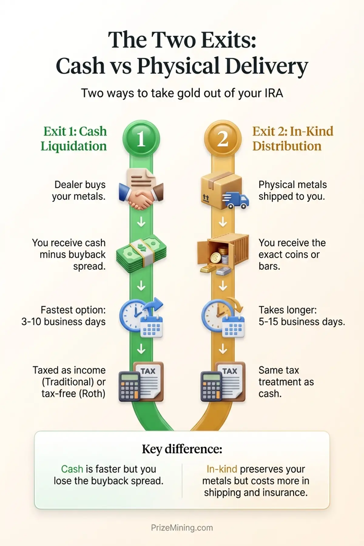 The Two Exits infographic comparing cash liquidation versus in-kind physical delivery from a Gold IRA