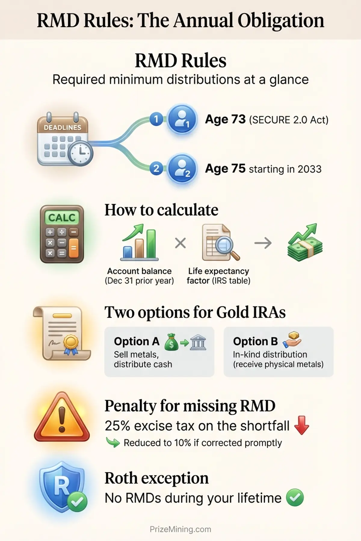 RMD rules infographic covering start age, calculation method, distribution options, and penalties