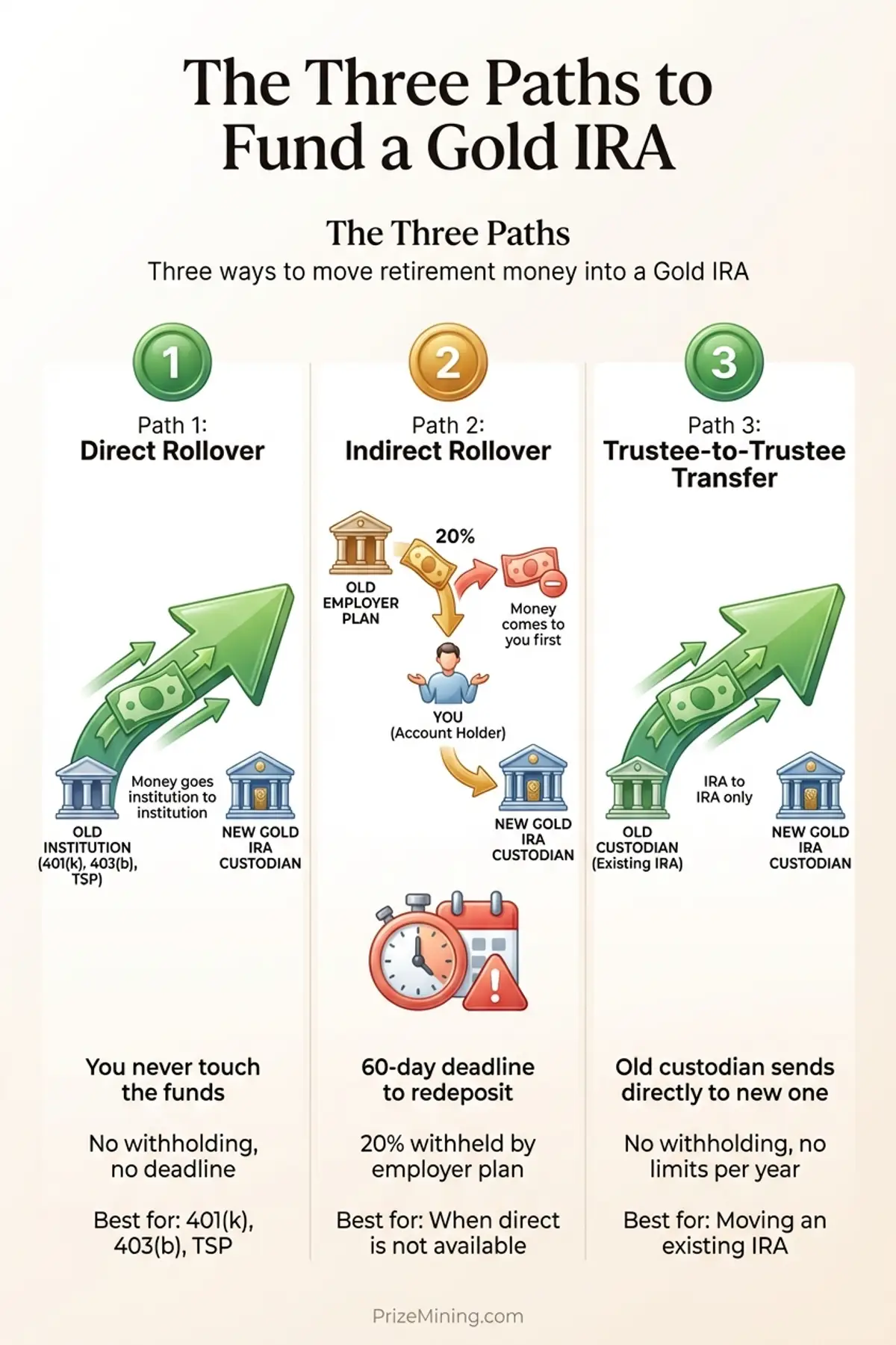 Infographic comparing three paths to fund a Gold IRA: direct rollover, indirect rollover, and trustee-to-trustee transfer