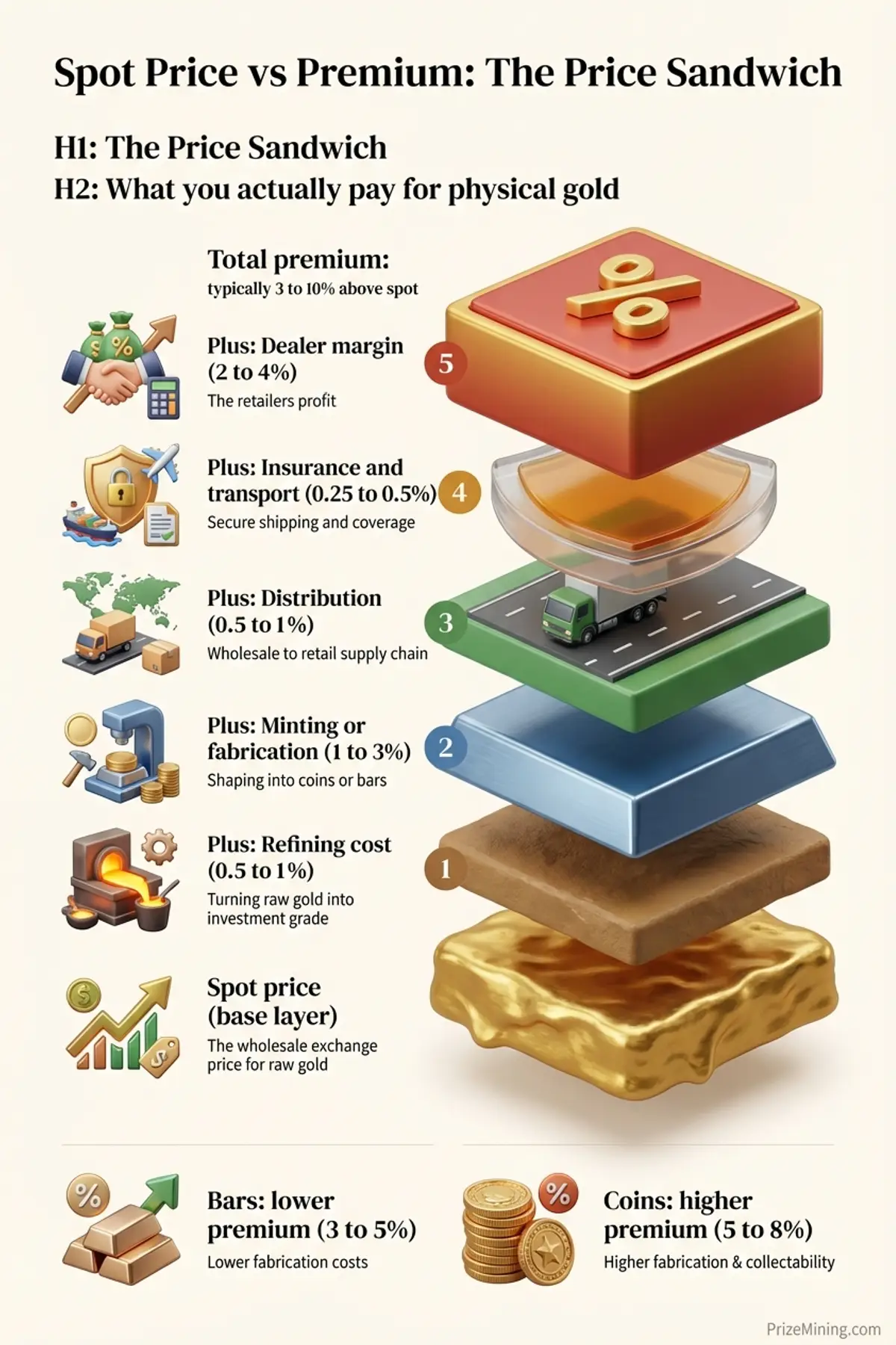 The Price Sandwich infographic showing premium components stacked from spot price through dealer margin