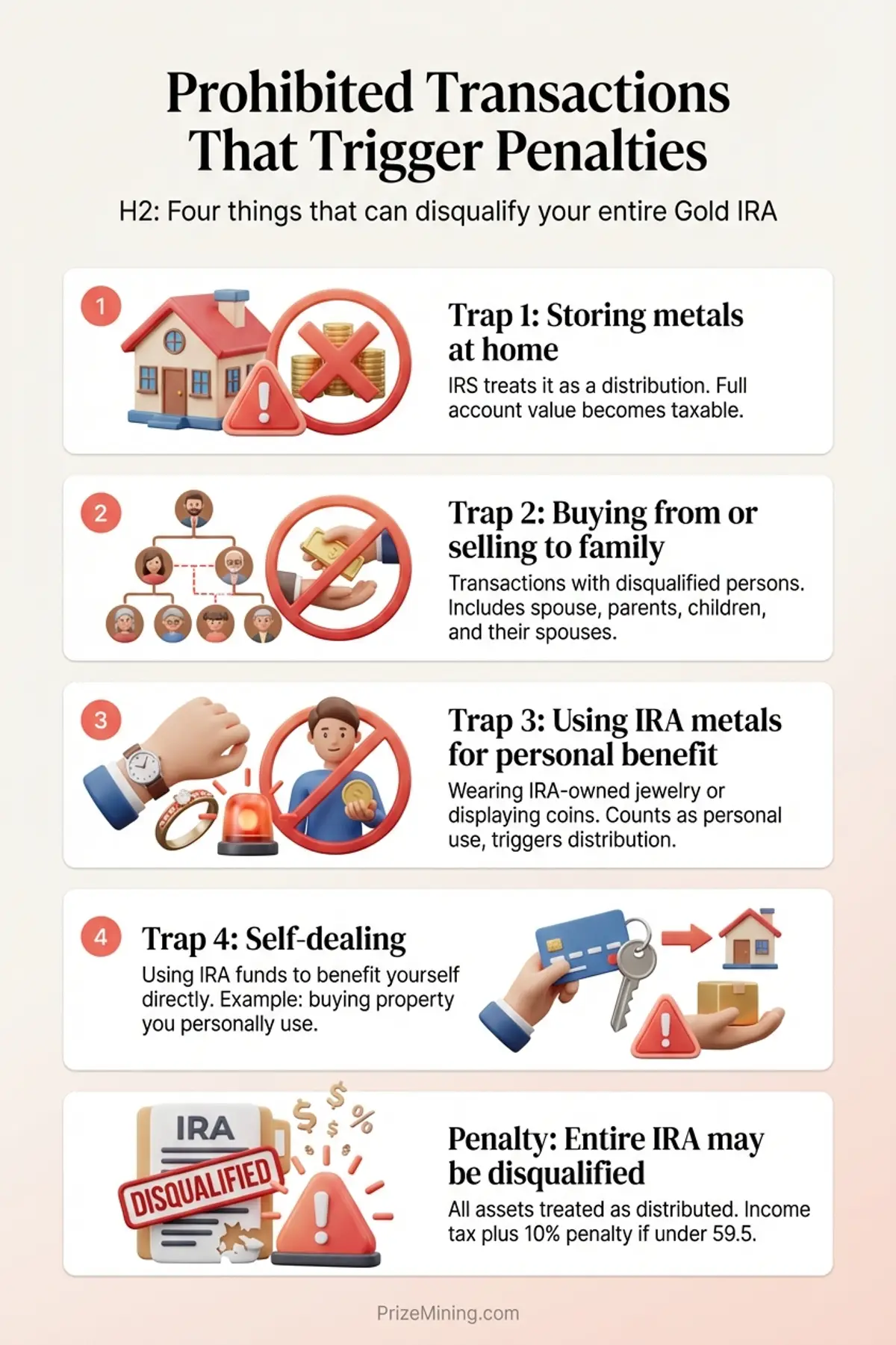 Infographic showing four prohibited transactions that can disqualify a Gold IRA: home storage, family transactions, personal use, and self-dealing