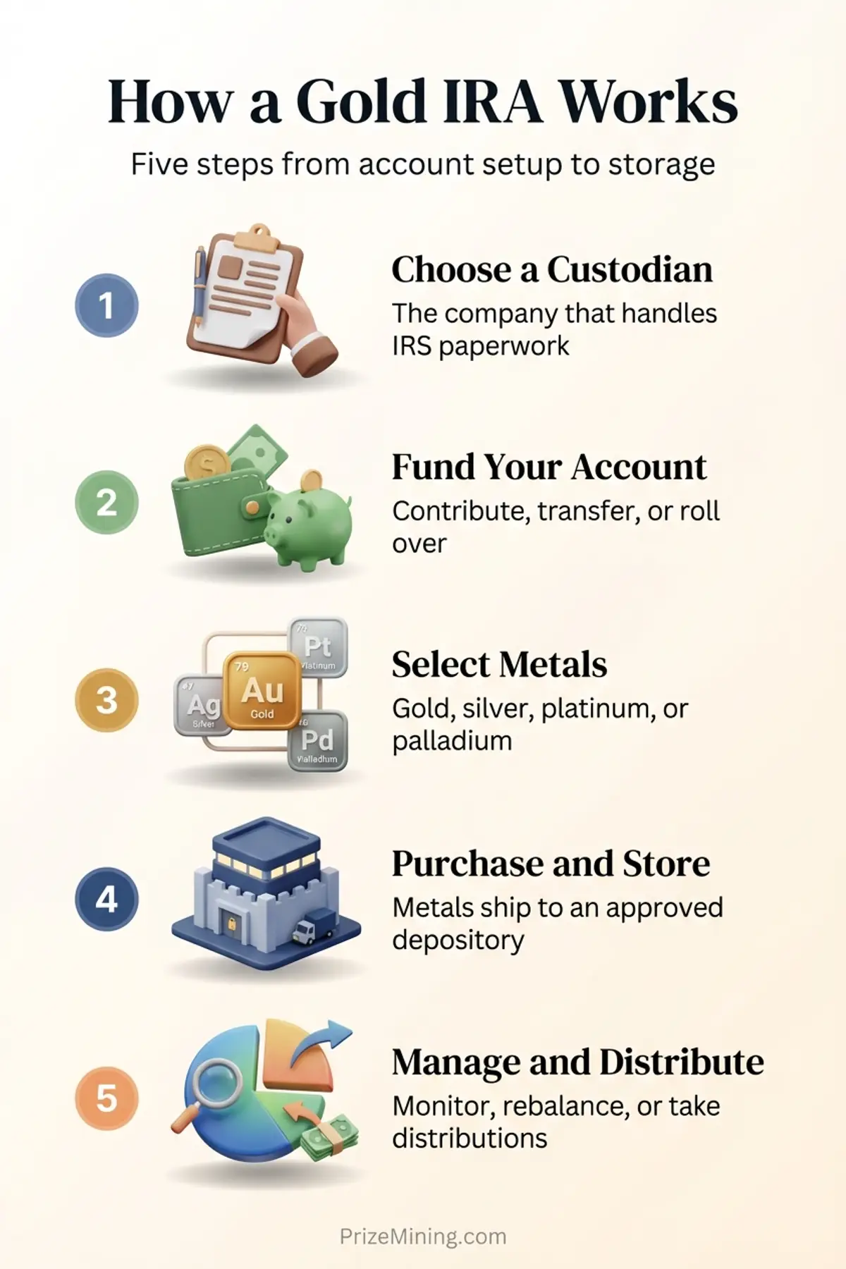 Infographic showing the five steps of opening a Gold IRA: choose a custodian, fund your account, select metals, purchase and store, manage and distribute