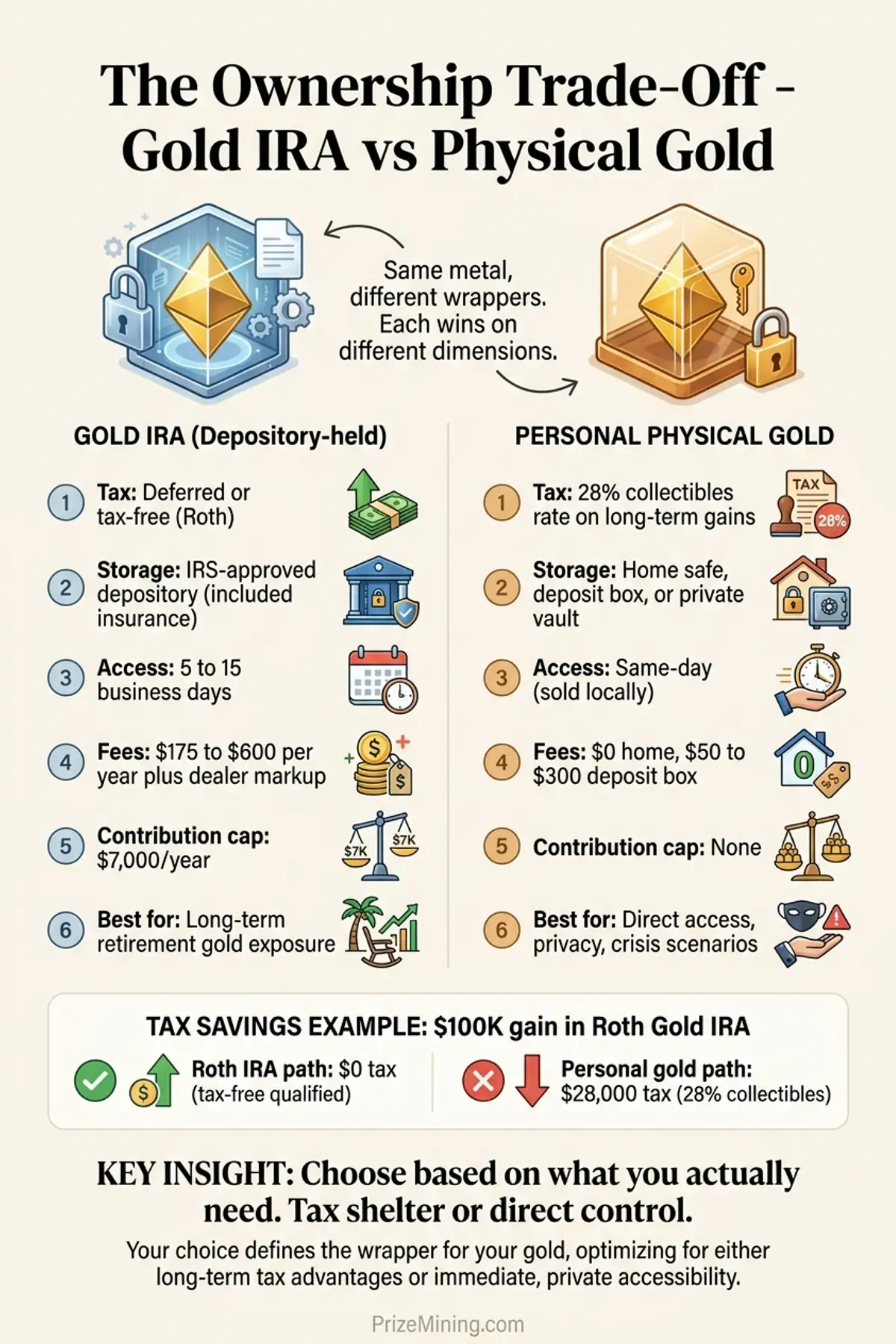 The Ownership Trade-Off infographic comparing Gold IRA with depository storage and tax advantages against personal physical gold with direct access and no contribution limits