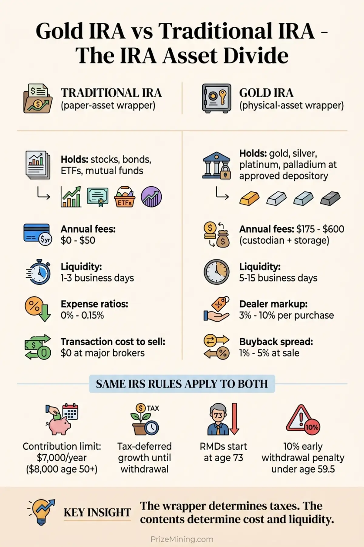 The IRA Asset Divide infographic: Traditional IRA holds paper assets with low fees and fast liquidity; Gold IRA holds physical metals with higher fees and slower liquidity; both share the same IRS tax rules