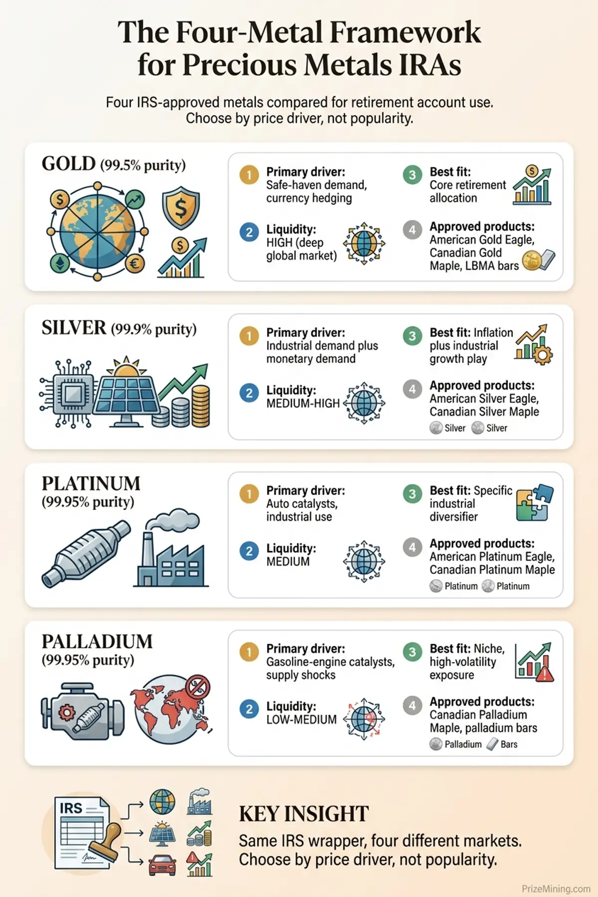 The Four-Metal Framework infographic comparing gold, silver, platinum, and palladium by purity requirement, price driver, liquidity, and best-fit investor use case