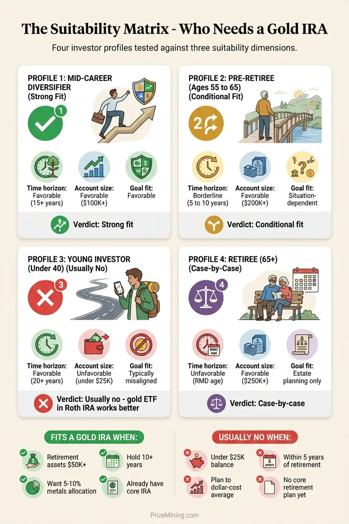The Suitability Matrix infographic showing four investor profiles scored against time horizon, account size, and goal fit for Gold IRA suitability